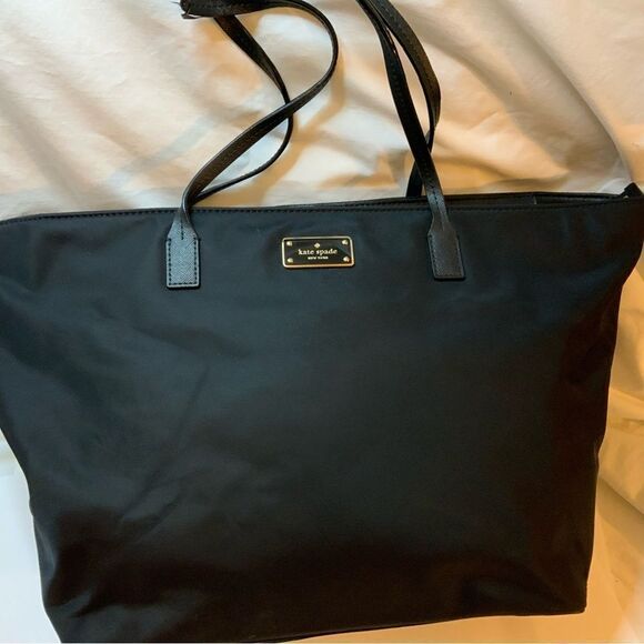 Kate Spade Black Nylon Leather Tote  top zip double handles - Picture 1 of 13